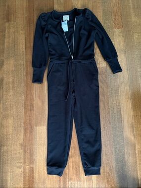 Black Women's Zip-Front Sweat Jumpsuit with Drawstring Waist